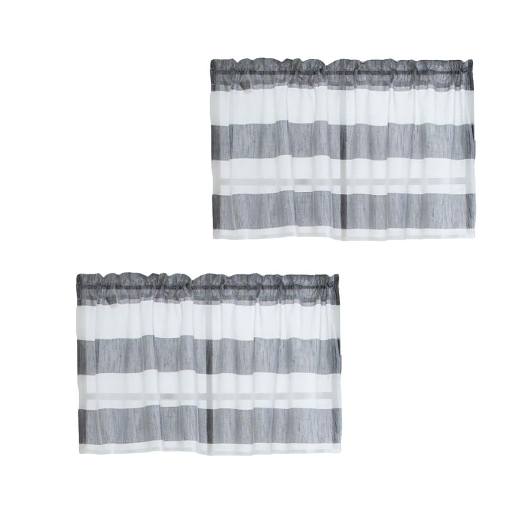 2xWindow Striped Short Valance Rod Pocket Curtains Kitchen Grey_ 74x60cm