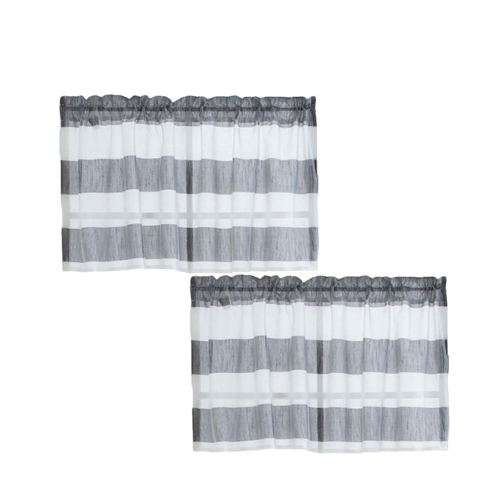 2xWindow Striped Short Valance Rod Pocket Curtains Kitchen Grey_ 74x60cm