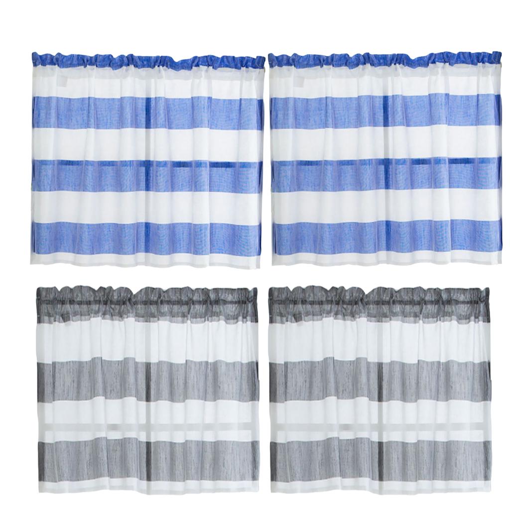4Pcs (Grey &Blue_ 74x60cm) Striped Short Valance Rod Pocket Curtains Kitchen