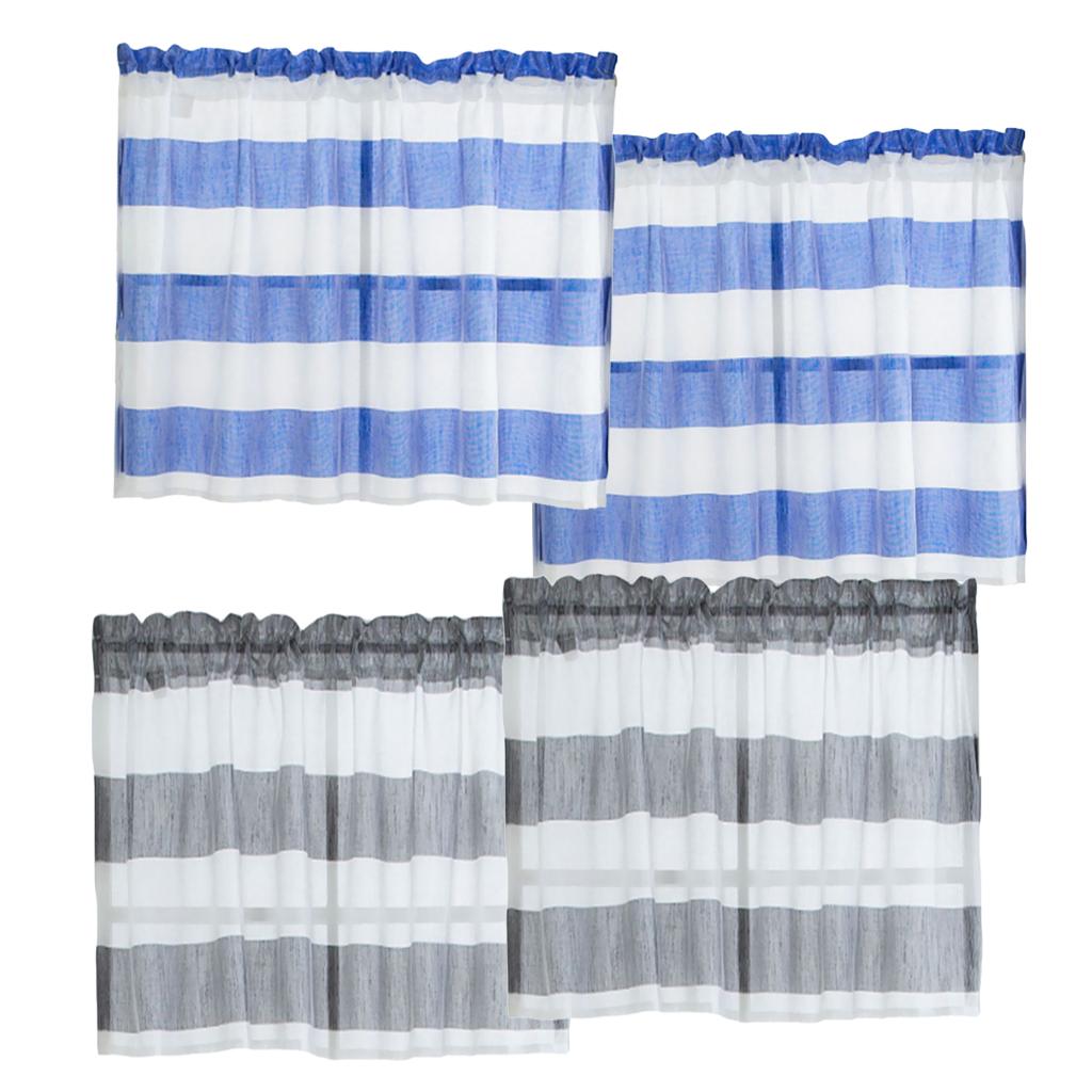 4Pcs (Grey &Blue_ 74x60cm) Striped Short Valance Rod Pocket Curtains Kitchen