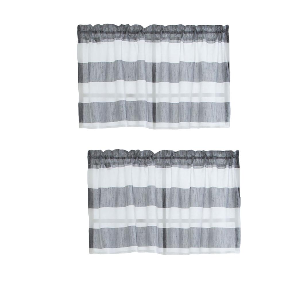 2xWindow Striped Short Valance Rod Pocket Curtains Kitchen Grey_ 137x76cm