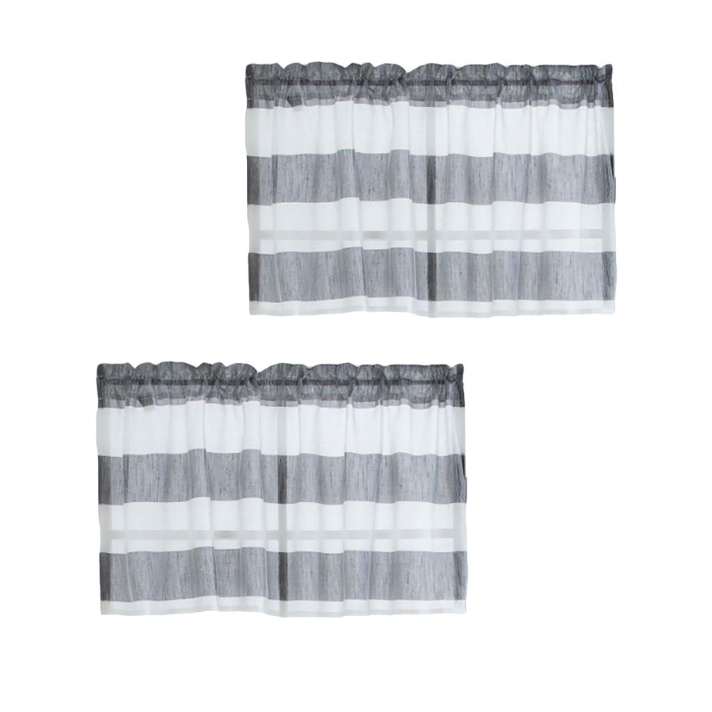 2xWindow Striped Short Valance Rod Pocket Curtains Kitchen Grey_ 137x76cm