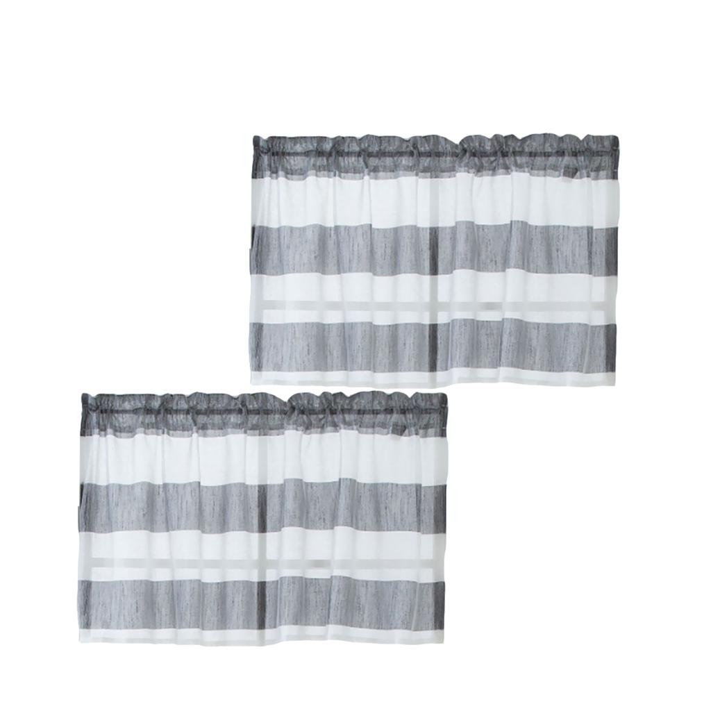 2xWindow Striped Short Valance Rod Pocket Curtains Kitchen Grey_ 137x76cm