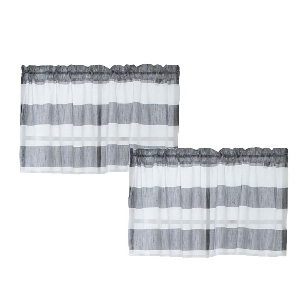 2xWindow Striped Short Valance Rod Pocket Curtains Kitchen Grey_ 137x76cm
