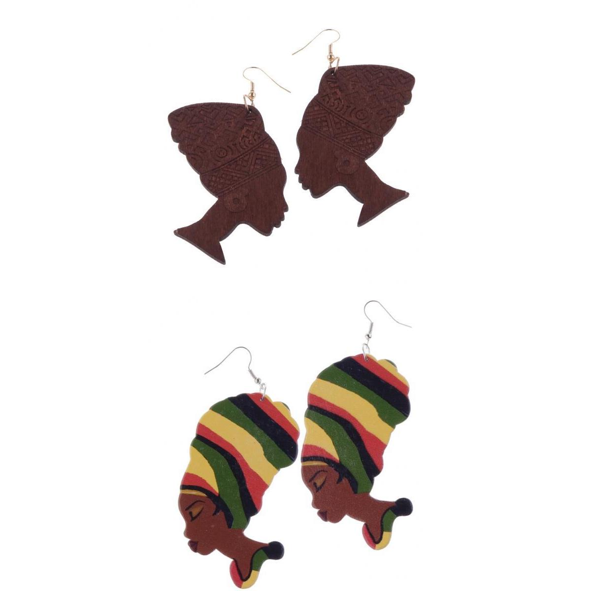 2 Pairs Ethnic Dangle Lady Figure Head African Tribe Belly Dancing Earrings