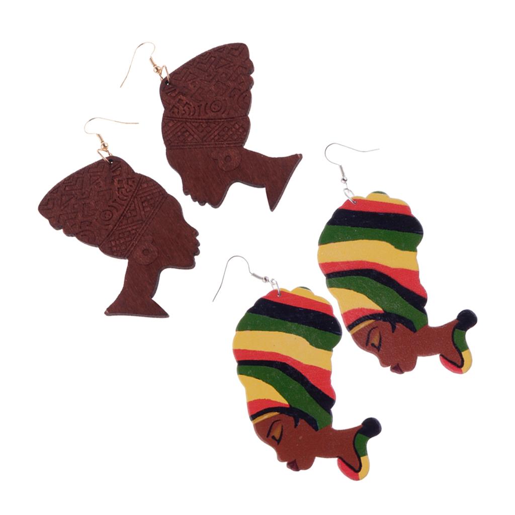 2 Pairs Ethnic Dangle Lady Figure Head African Tribe Belly Dancing Earrings