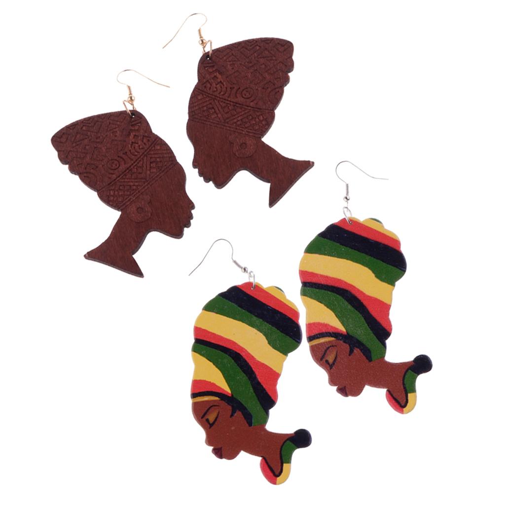 2 Pairs Ethnic Dangle Lady Figure Head African Tribe Belly Dancing Earrings