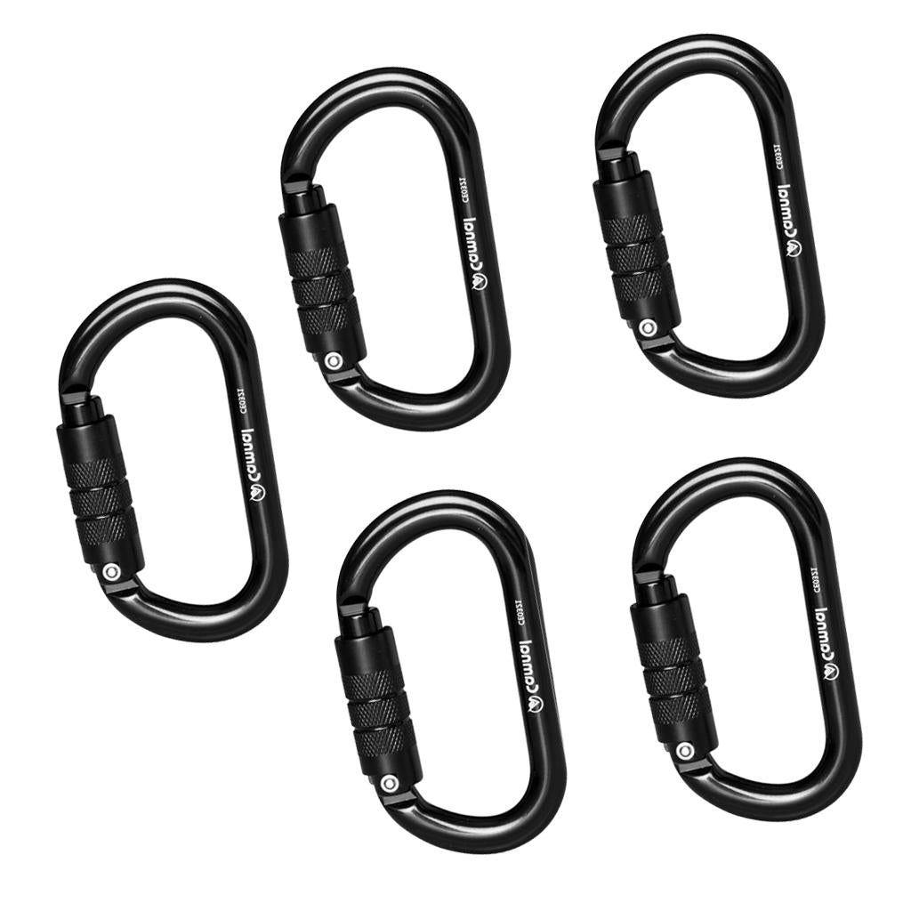 5pcs 25KN Aluminum Climbing Rescue Carabiner D Type Auto Locking Black