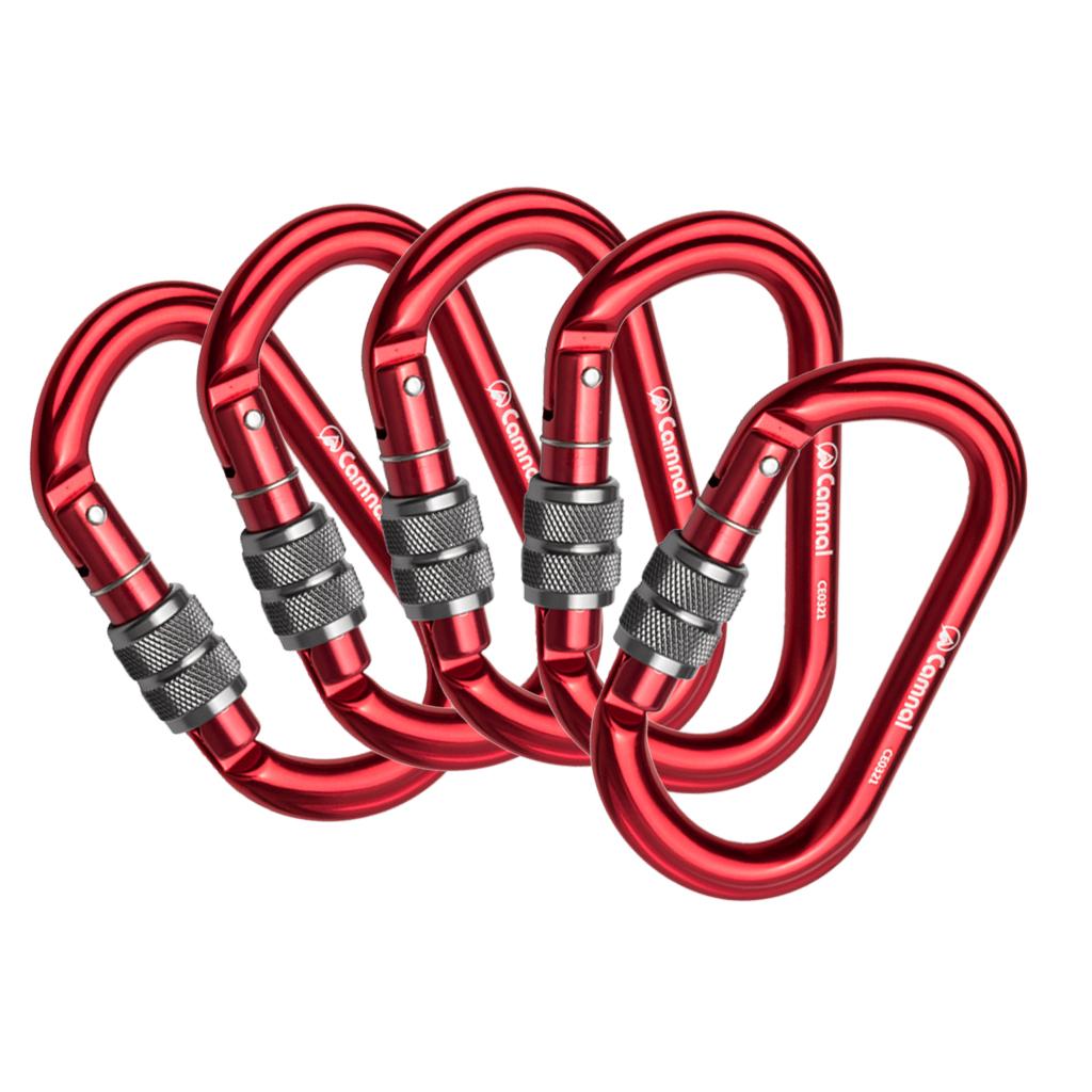 5 Pieces 25KN Aluminum Climbing Rescue Carabiner Screwgate D Type Red