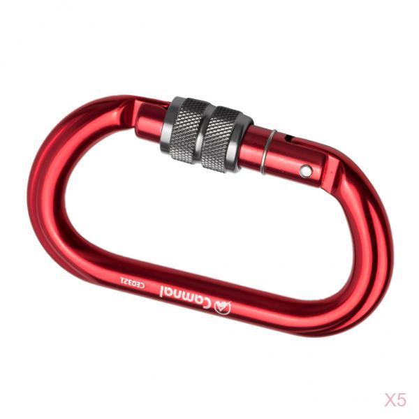 5 Pieces 25KN Aluminum Climbing Rescue Carabiner Screwgate D Type Red