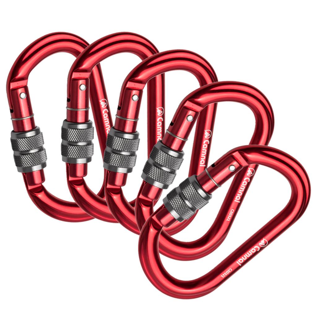 5 Pieces 25KN Aluminum Climbing Rescue Carabiner Screwgate D Type Red