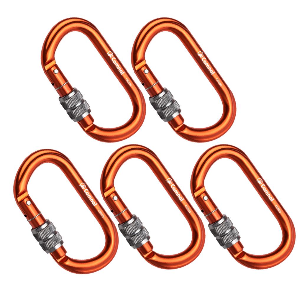 5 Pieces 25KN Aluminum Climbing Rescue Carabiner Screwgate D Type Orange