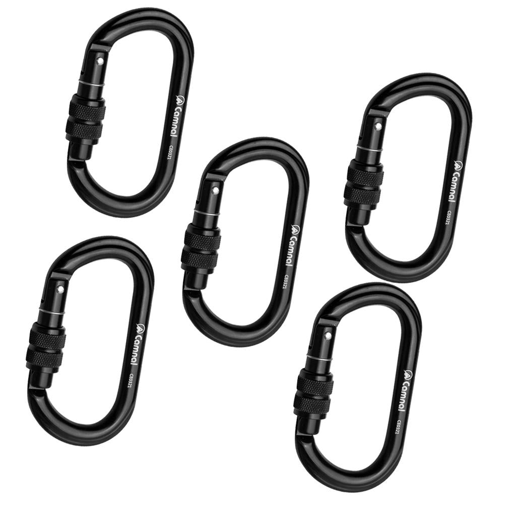 5 Pieces 25KN Aluminum Climbing Rescue Carabiner Screwgate D Type Black