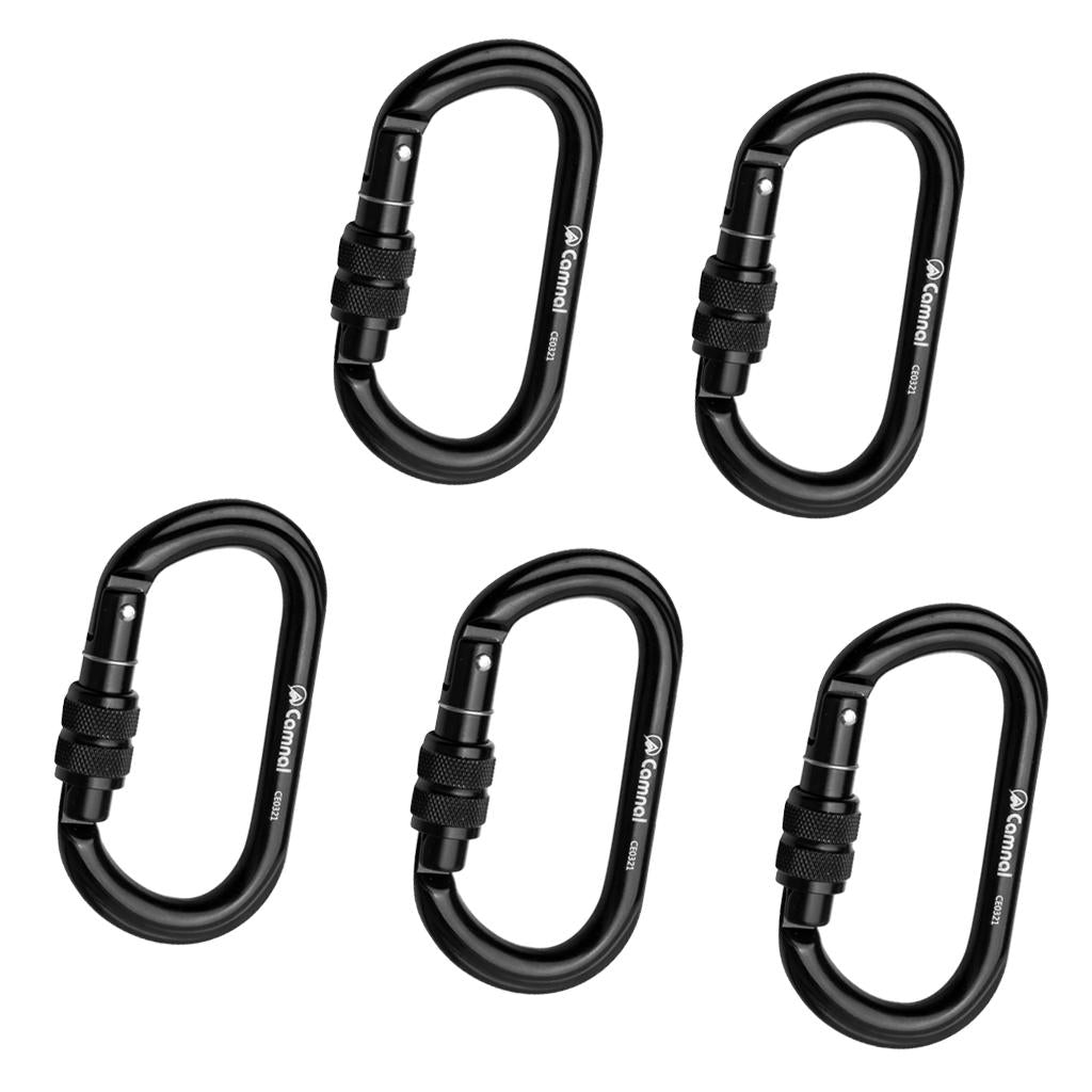 5 Pieces 25KN Aluminum Climbing Rescue Carabiner Screwgate D Type Black