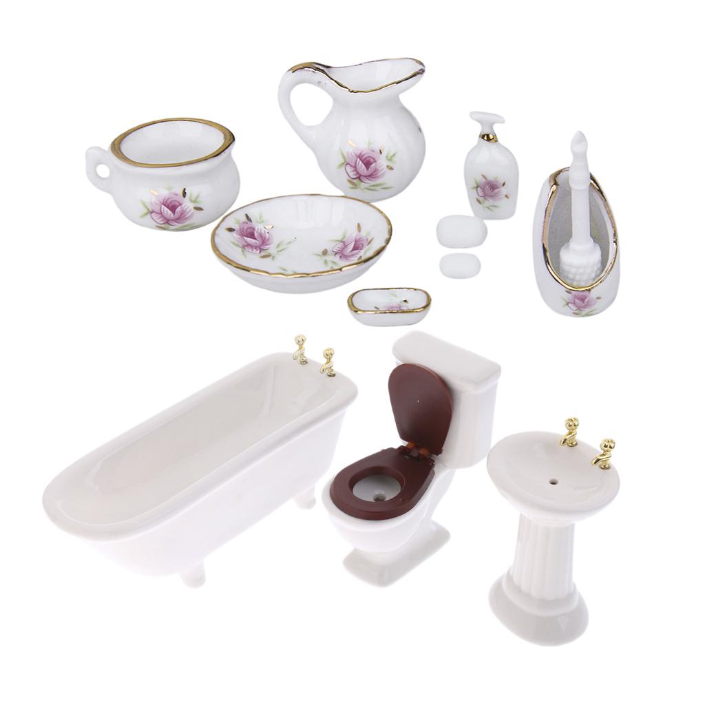 1/12 Dollhouse Miniature Furniture Bathroom Kit Closestool Bathtub Sink Set