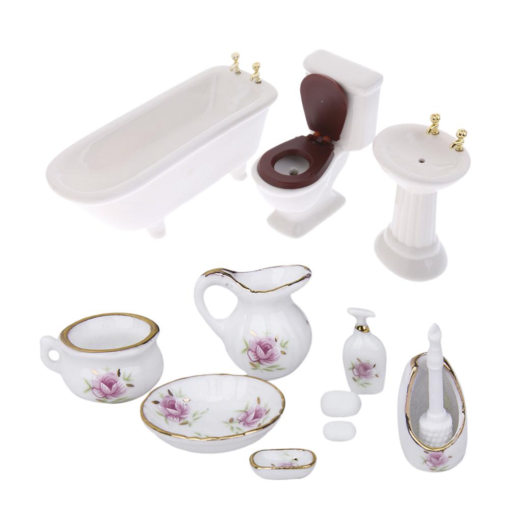 1/12 Dollhouse Miniature Furniture Bathroom Kit Closestool Bathtub Sink Set