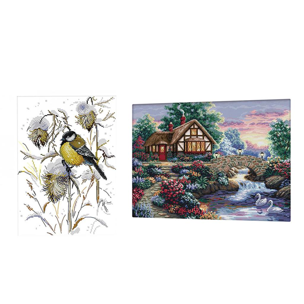 2 Sets Stamped Cross Stitch Kits Dimensions for Adults Print Landscape Birds