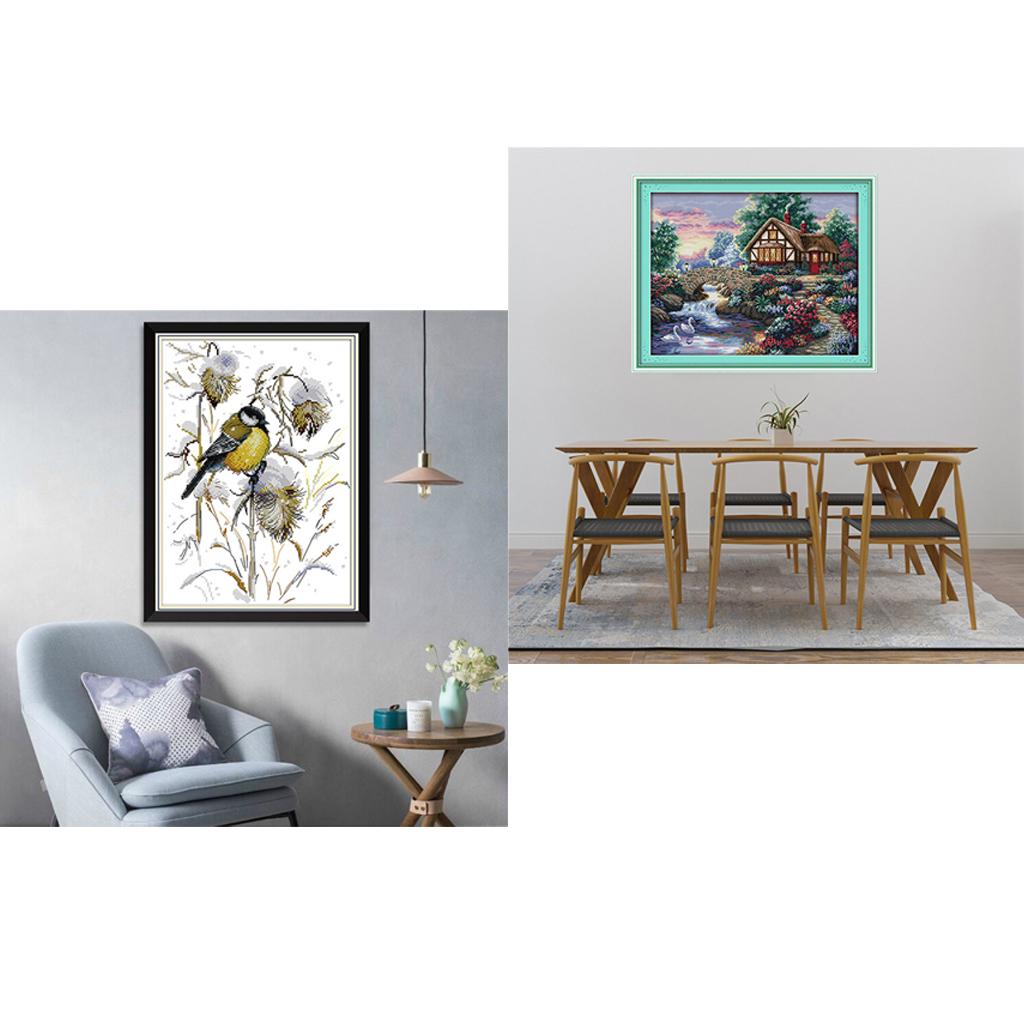 2 Sets Stamped Cross Stitch Kits Dimensions for Adults Print Landscape Birds