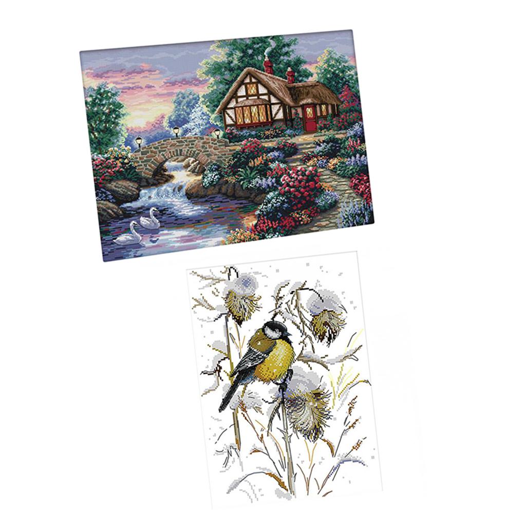 2 Sets Stamped Cross Stitch Kits Dimensions for Adults Print Landscape Birds