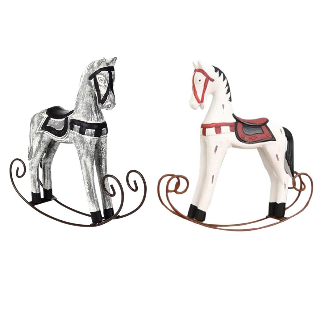 2x European Wooden Rocking Horse Statue Wedding Decor Wood Horse Crafts