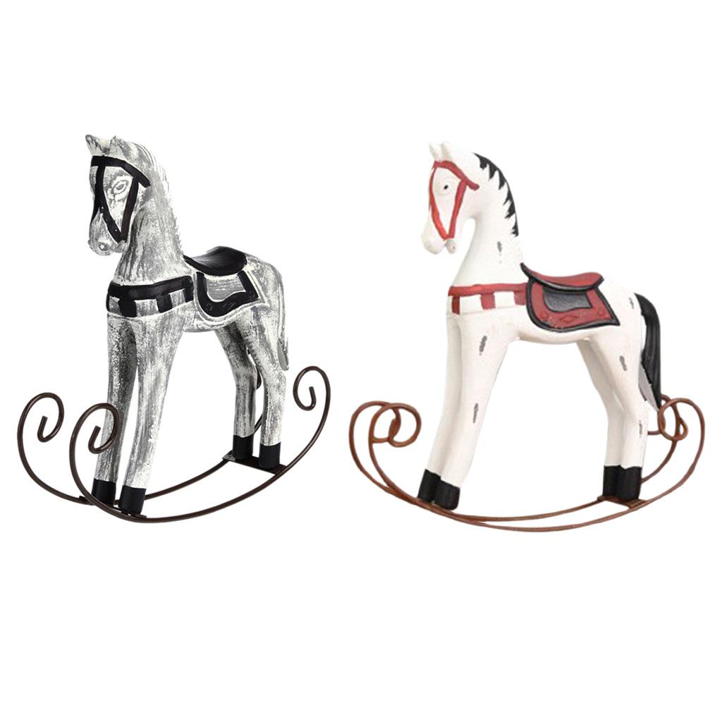 2x European Wooden Rocking Horse Statue Wedding Decor Wood Horse Crafts