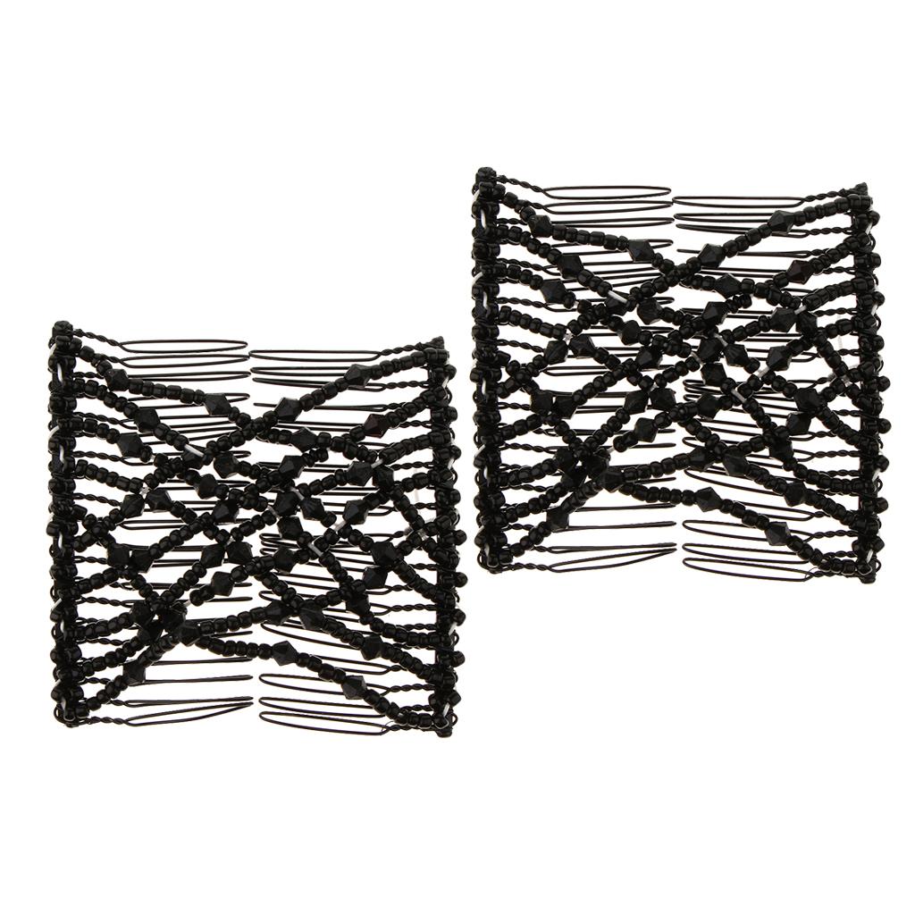 2PCS Magic Double Hair Comb Beads Hair Clips Stretchy Hair Accessories Black
