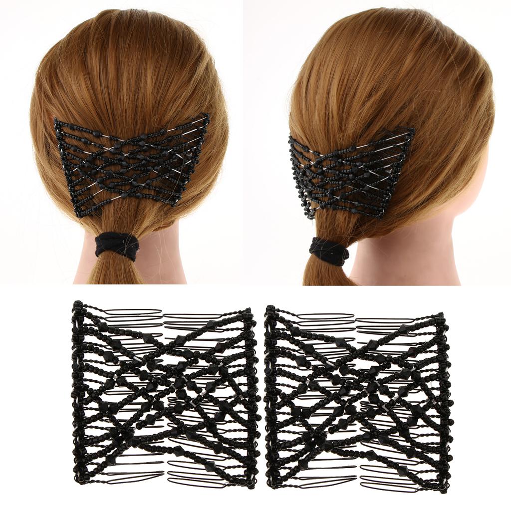 2PCS Magic Double Hair Comb Beads Hair Clips Stretchy Hair Accessories Black