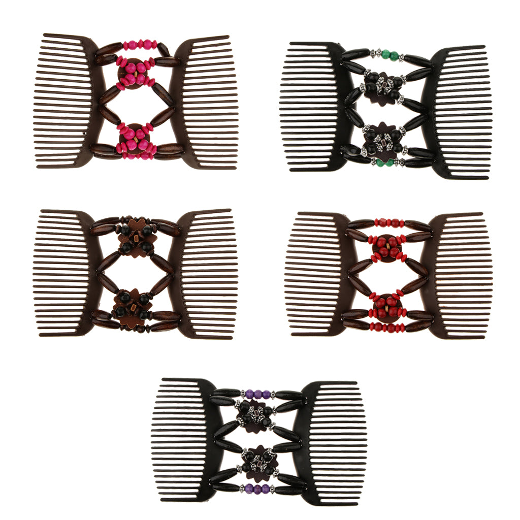 5x Elastic Double Hair Comb with Wooden Bead Easy Hair Clip Hair Jewelry