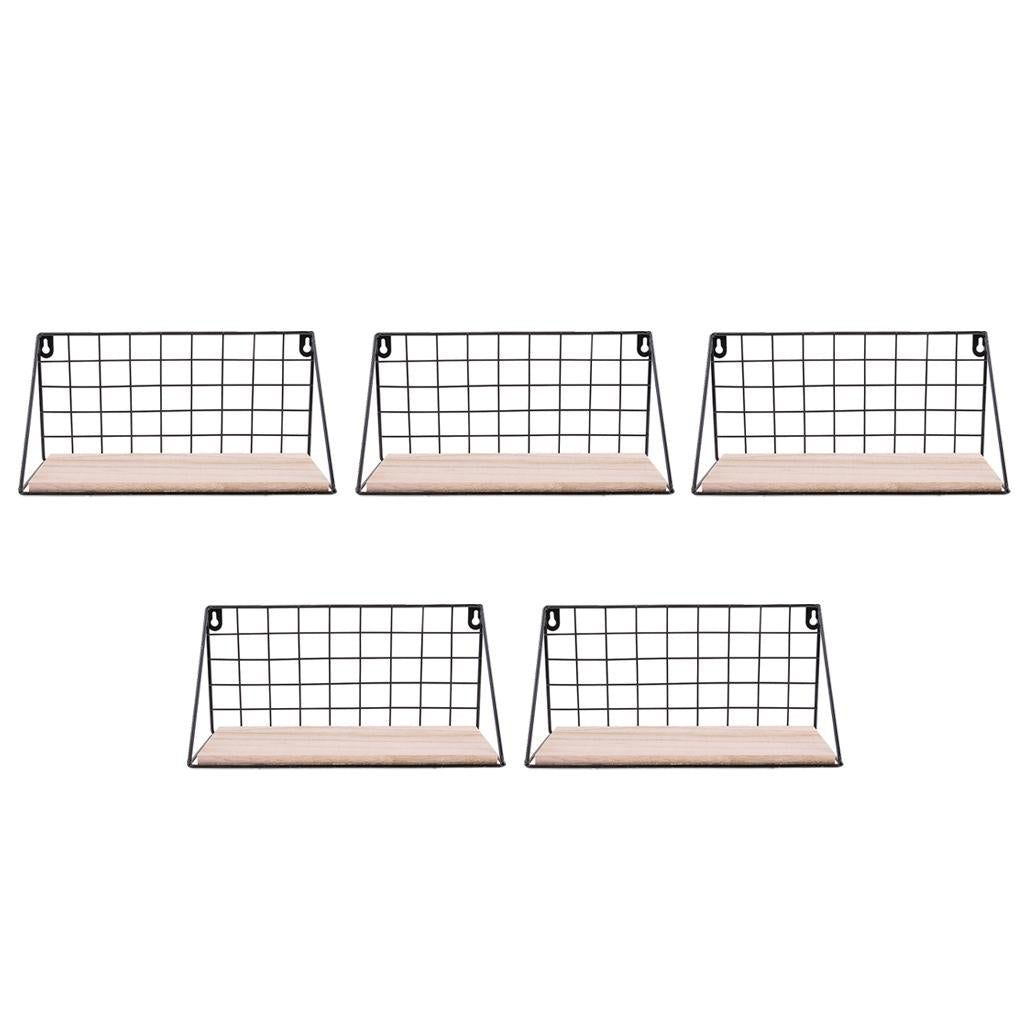 5pcs Metal & Wooden Wall Grid Hanging Shelf Home Furnishing Storage Rack