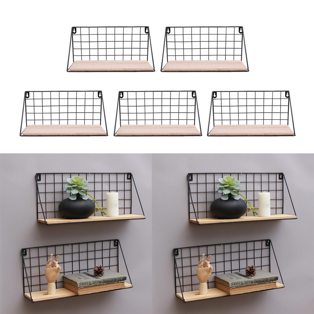 5pcs Metal & Wooden Wall Grid Hanging Shelf Home Furnishing Storage Rack
