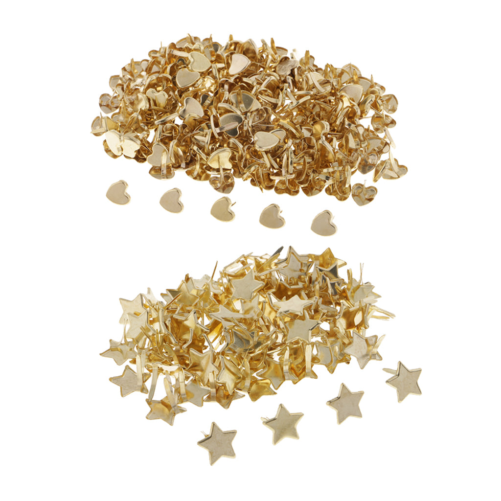 300 Pieces Metal Star Heart Head Brads Paper Fasteners for Scrapbooking Gold