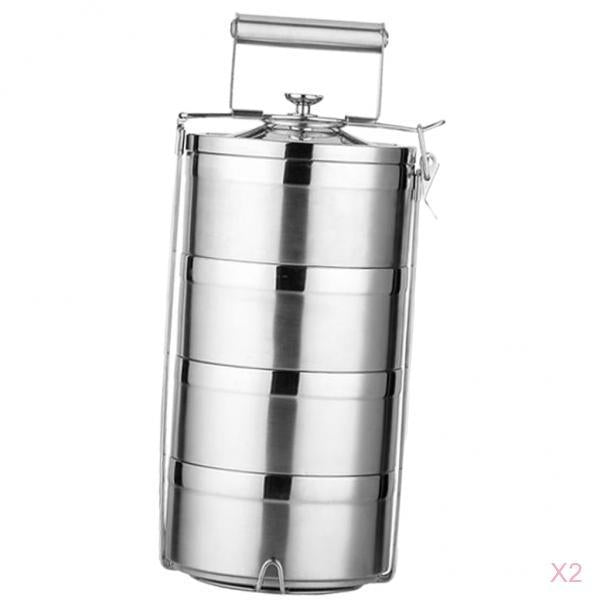 2x Stainless Steel Thermal Insulated Stackable Lunch Bento Box Tiffin 4 Tier