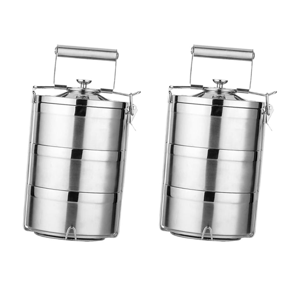 2x Stainless Steel Thermal Insulated Stackable Lunch Bento Box Tiffin 3 Tier