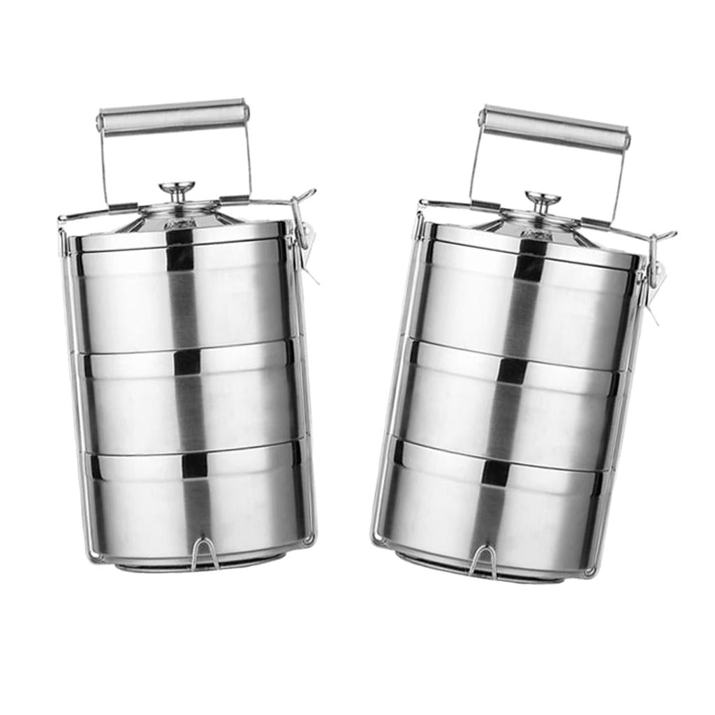 2x Stainless Steel Thermal Insulated Stackable Lunch Bento Box Tiffin 3 Tier