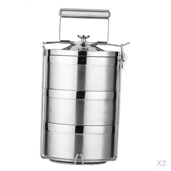 2x Stainless Steel Thermal Insulated Stackable Lunch Bento Box Tiffin 3 Tier