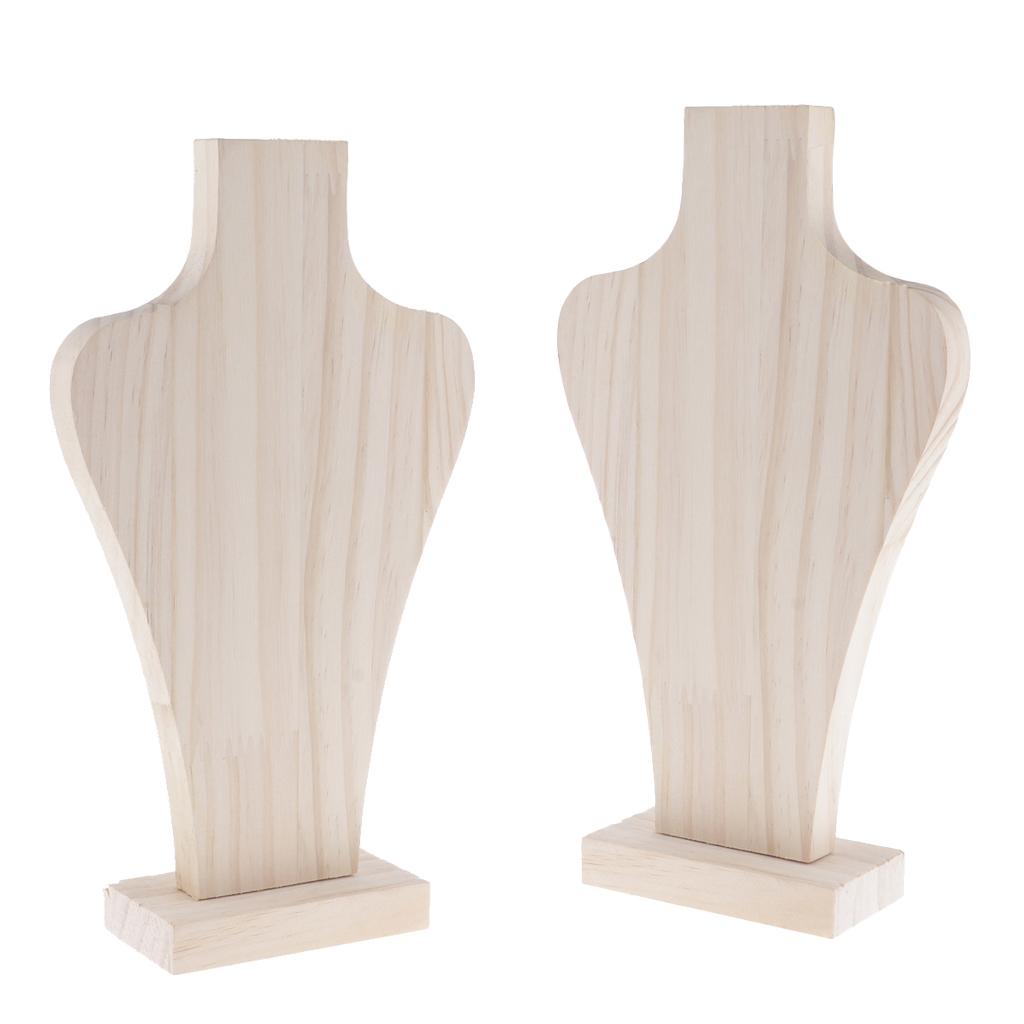 2 Pieces Unpainted Natural Wood Mannequin Bust Display Necklace Jewelry