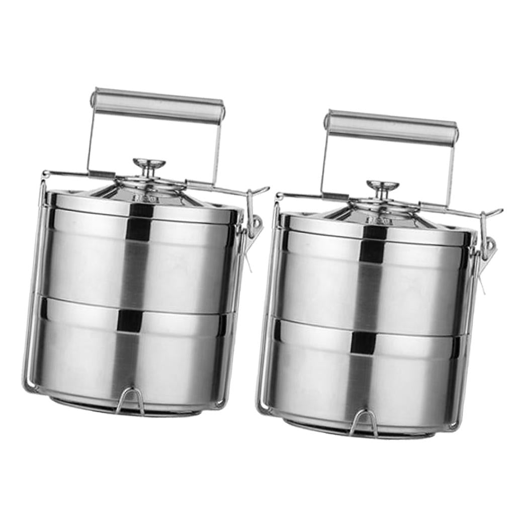 2x Stainless Steel Thermal Insulated Stackable Lunch Bento Box Tiffin 2 Tier