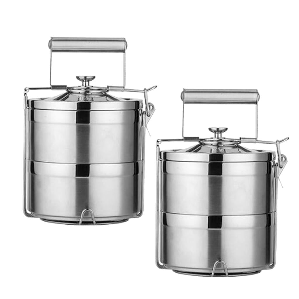 2x Stainless Steel Thermal Insulated Stackable Lunch Bento Box Tiffin 2 Tier