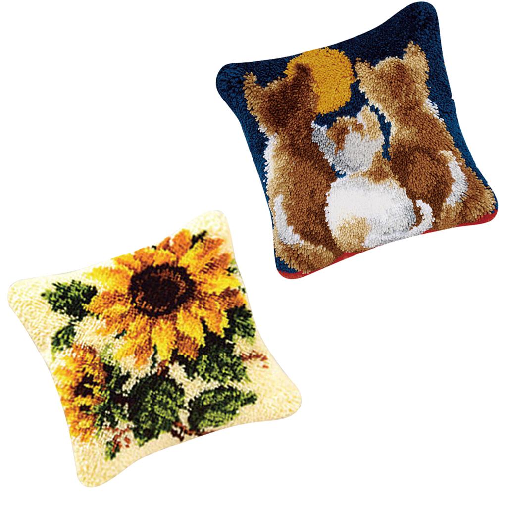 2 Set Pillows Latch Hook Kits Material Package for Beginners Sunflower Cat