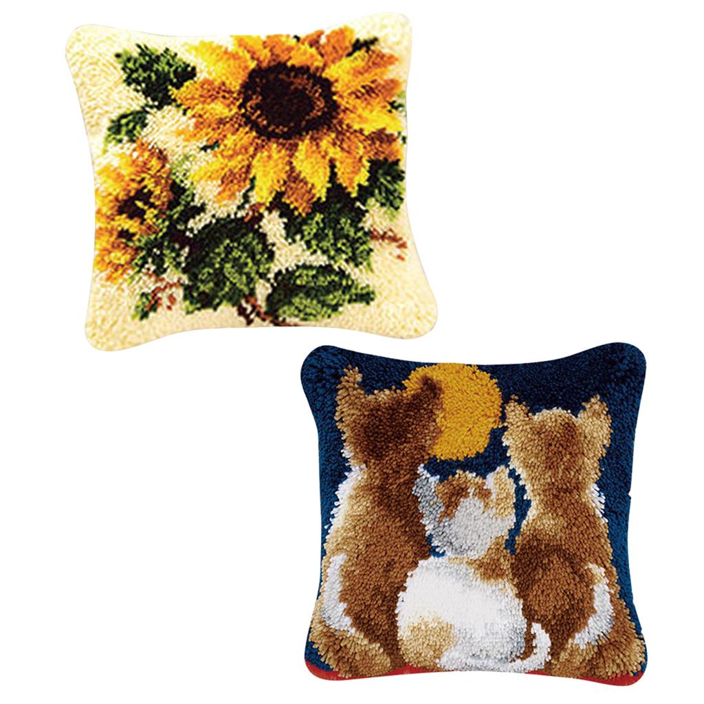 2 Set Pillows Latch Hook Kits Material Package for Beginners Sunflower Cat