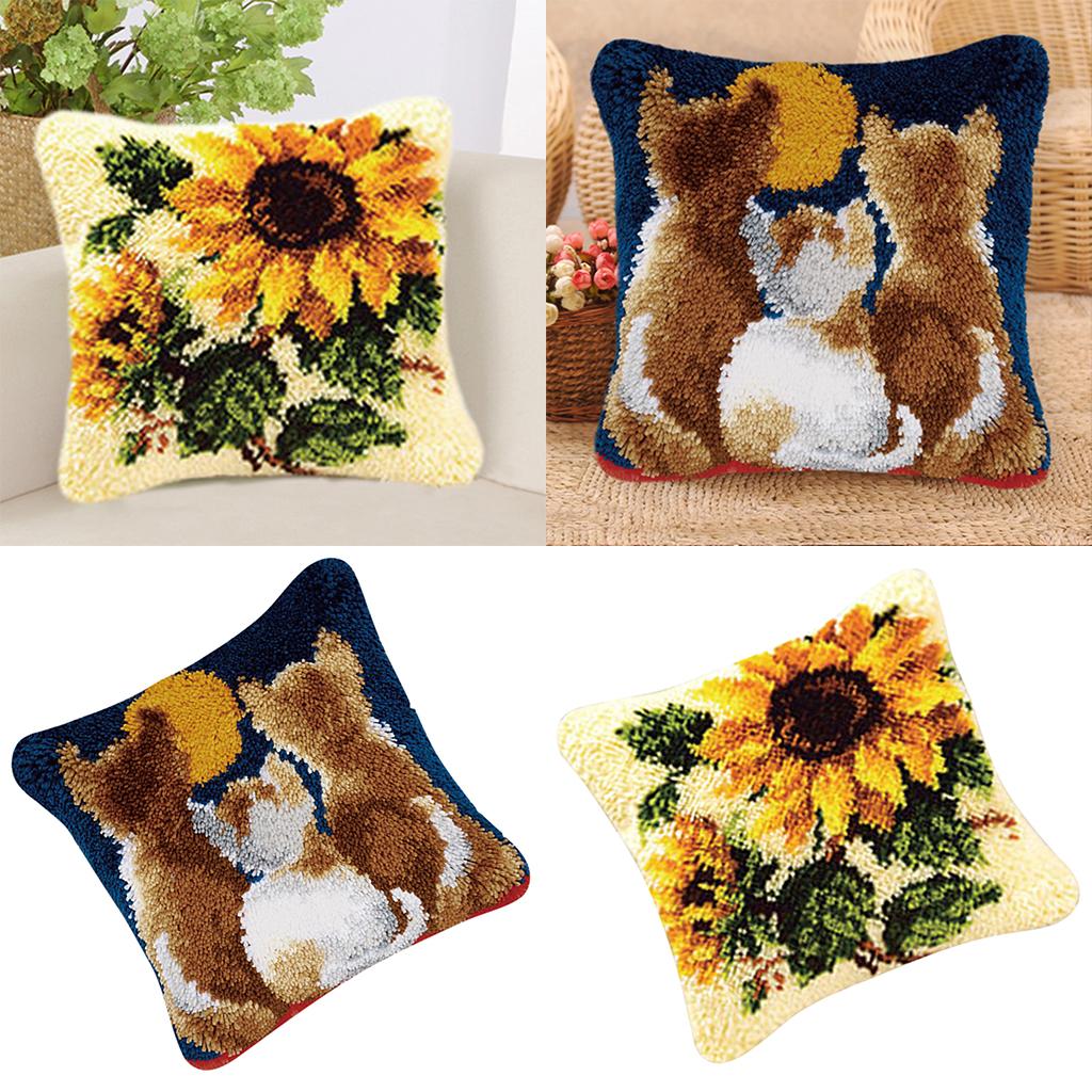 2 Set Pillows Latch Hook Kits Material Package for Beginners Sunflower Cat