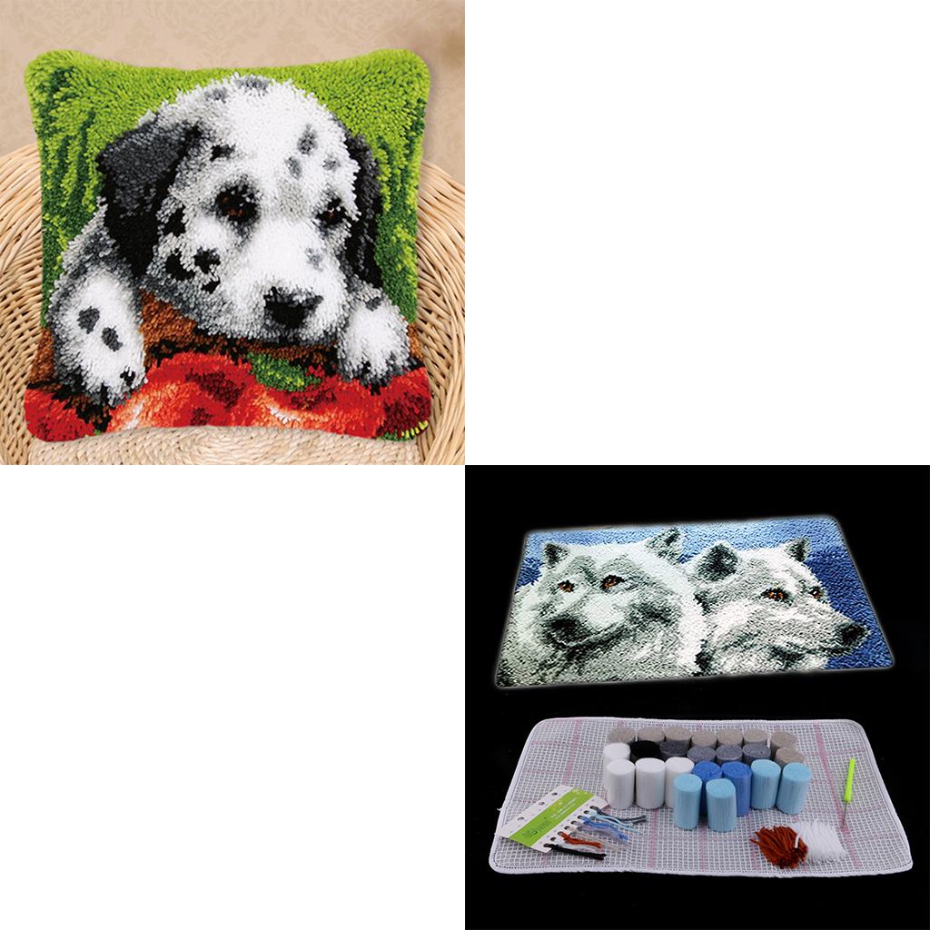 2 Sets Latch Hook Rug Kits for Adults Animals Dog Wolf Pattern Embroidery