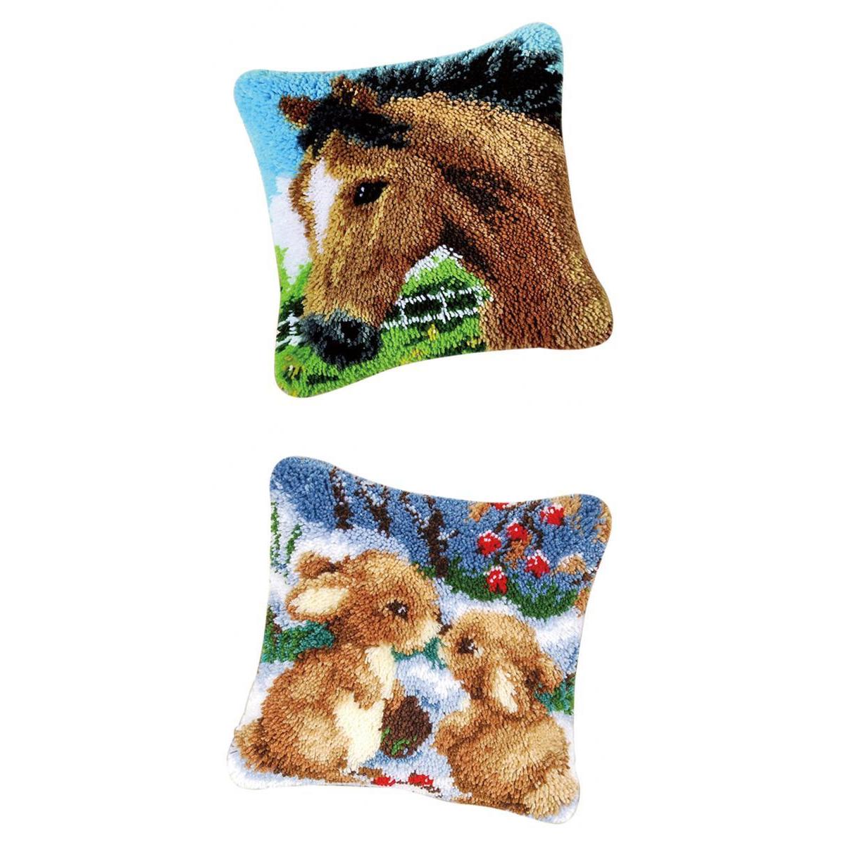 2 Sets Latch Hook Kits for DIY Horse Rabbit Pillow Cover Sofa Cushion Crafts