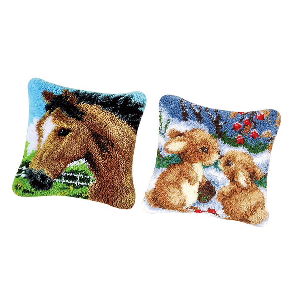2 Sets Latch Hook Kits for DIY Horse Rabbit Pillow Cover Sofa Cushion Crafts