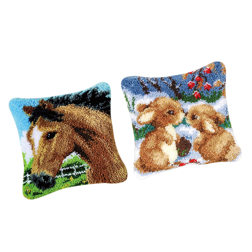 2 Sets Latch Hook Kits for DIY Horse Rabbit Pillow Cover Sofa Cushion Crafts
