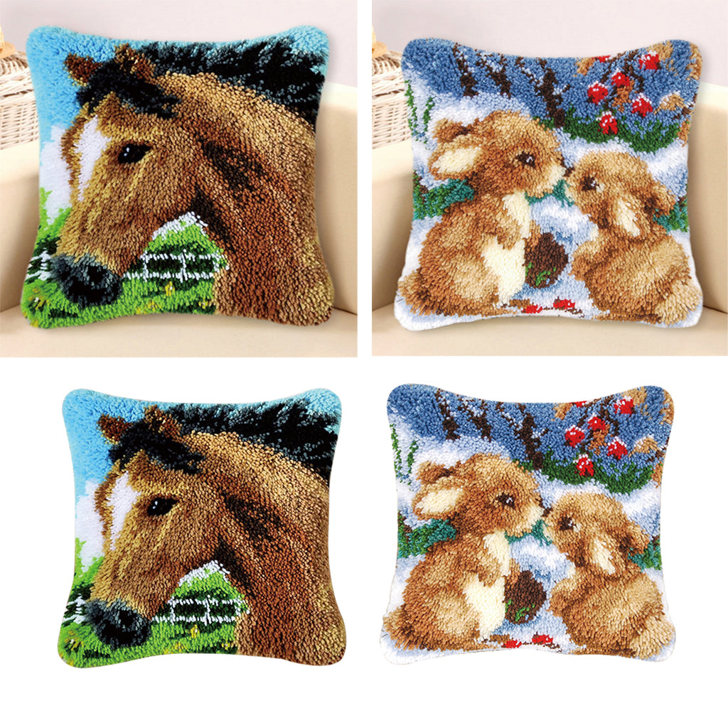 2 Sets Latch Hook Kits for DIY Horse Rabbit Pillow Cover Sofa Cushion Crafts