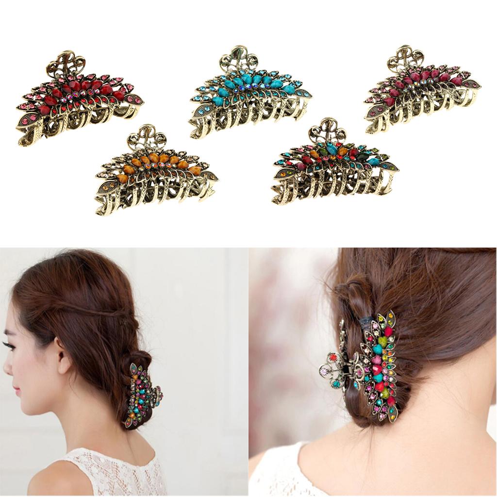 5 Pieces Women Large Hair Claw Jaw Clips Metal Rhinestones Crystal Hairpin