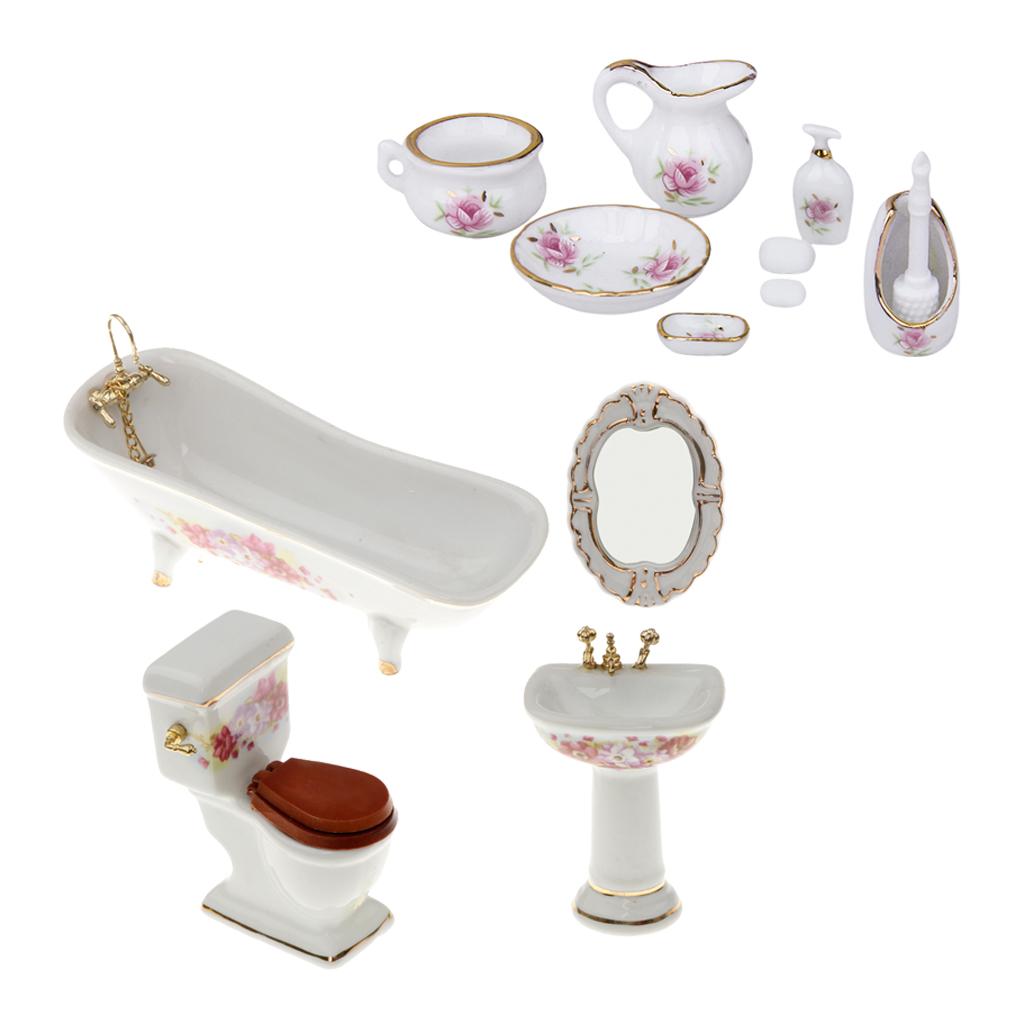 1/12 Dollhouse Bathroom Accessory Floral Ceramic Closestool Bathtub Sink Set