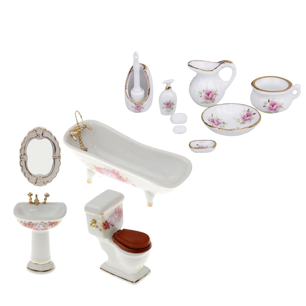 1/12 Dollhouse Bathroom Accessory Floral Ceramic Closestool Bathtub Sink Set