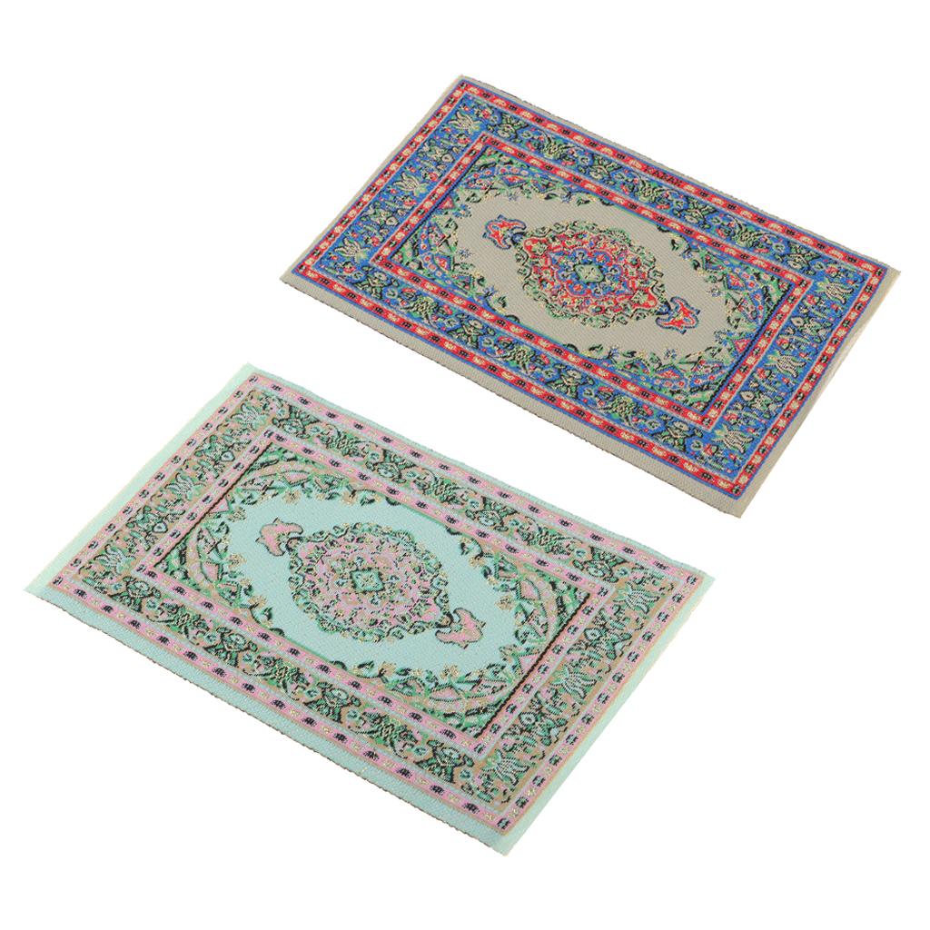 2 Pieces 1/12 Dollhouse Miniature Rug Embroidery Cloth Mat Room Accessories